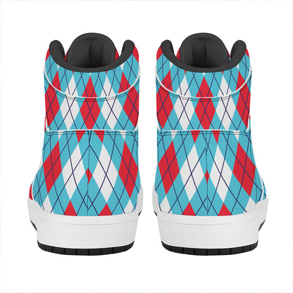 Red Blue And White Argyle Pattern Print High Top Leather Sneakers