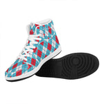 Red Blue And White Argyle Pattern Print High Top Leather Sneakers