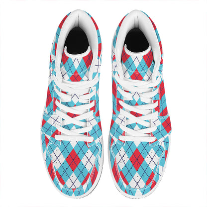 Red Blue And White Argyle Pattern Print High Top Leather Sneakers