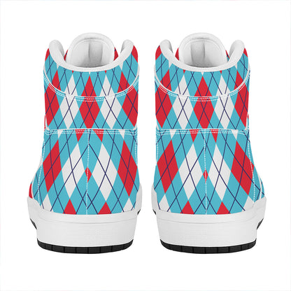 Red Blue And White Argyle Pattern Print High Top Leather Sneakers