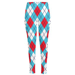 Red Blue And White Argyle Pattern Print High-Waisted Pocket Leggings