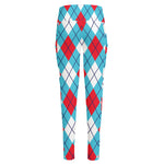 Red Blue And White Argyle Pattern Print High-Waisted Pocket Leggings