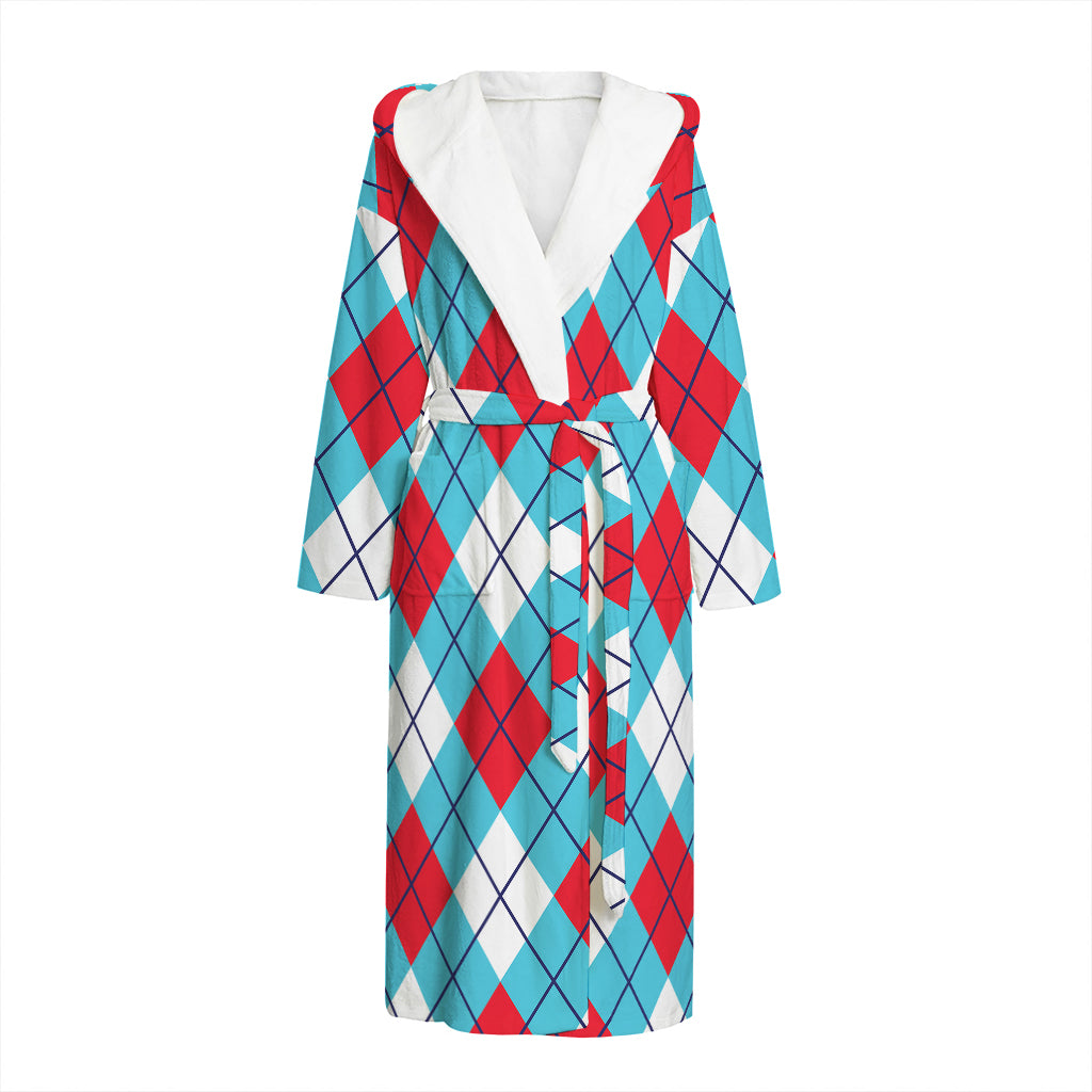 Red Blue And White Argyle Pattern Print Hooded Bathrobe