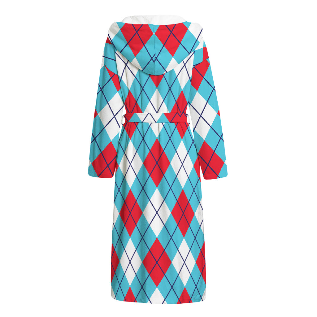 Red Blue And White Argyle Pattern Print Hooded Bathrobe