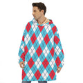 Red Blue And White Argyle Pattern Print Hoodie Blanket