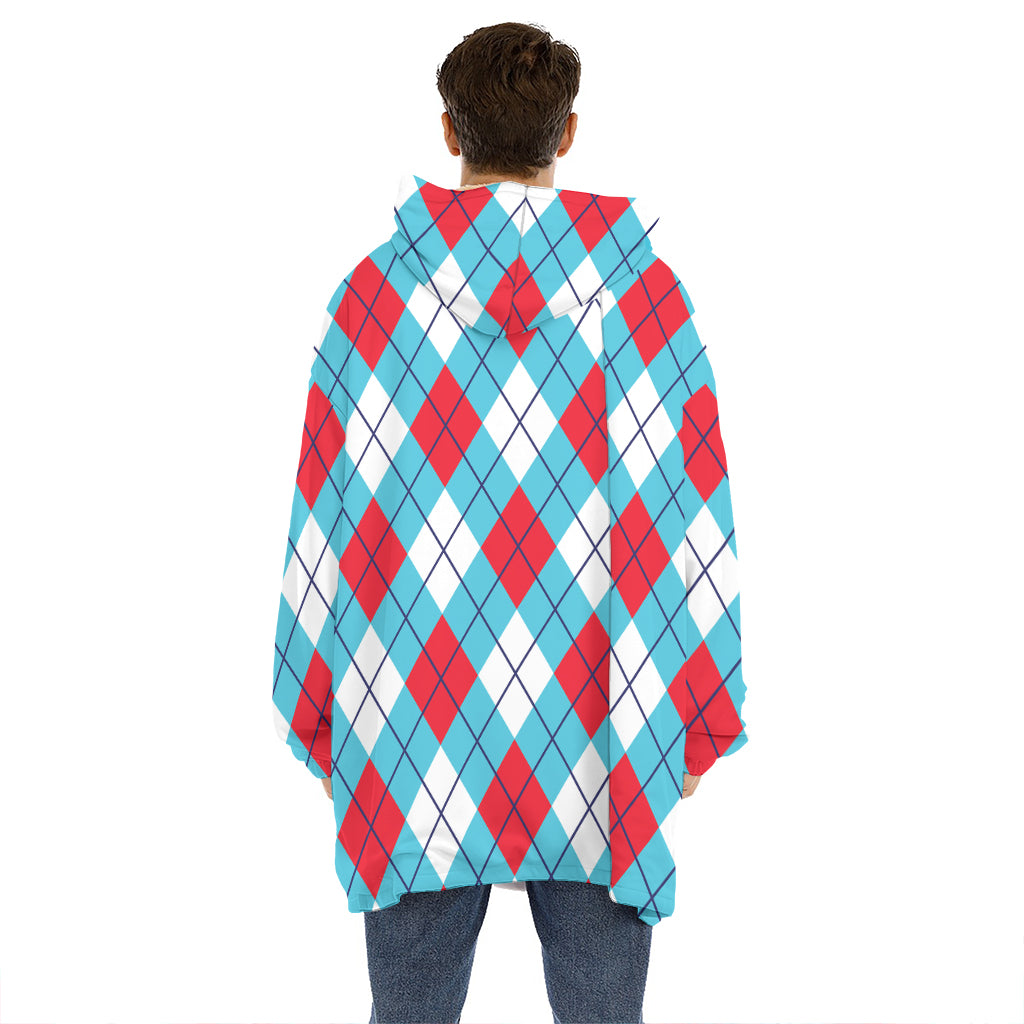 Red Blue And White Argyle Pattern Print Hoodie Blanket