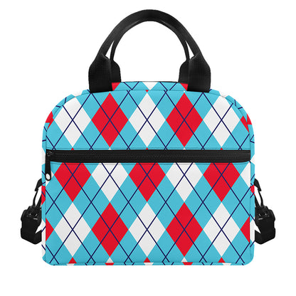 Red Blue And White Argyle Pattern Print Insulated Lunch Bag