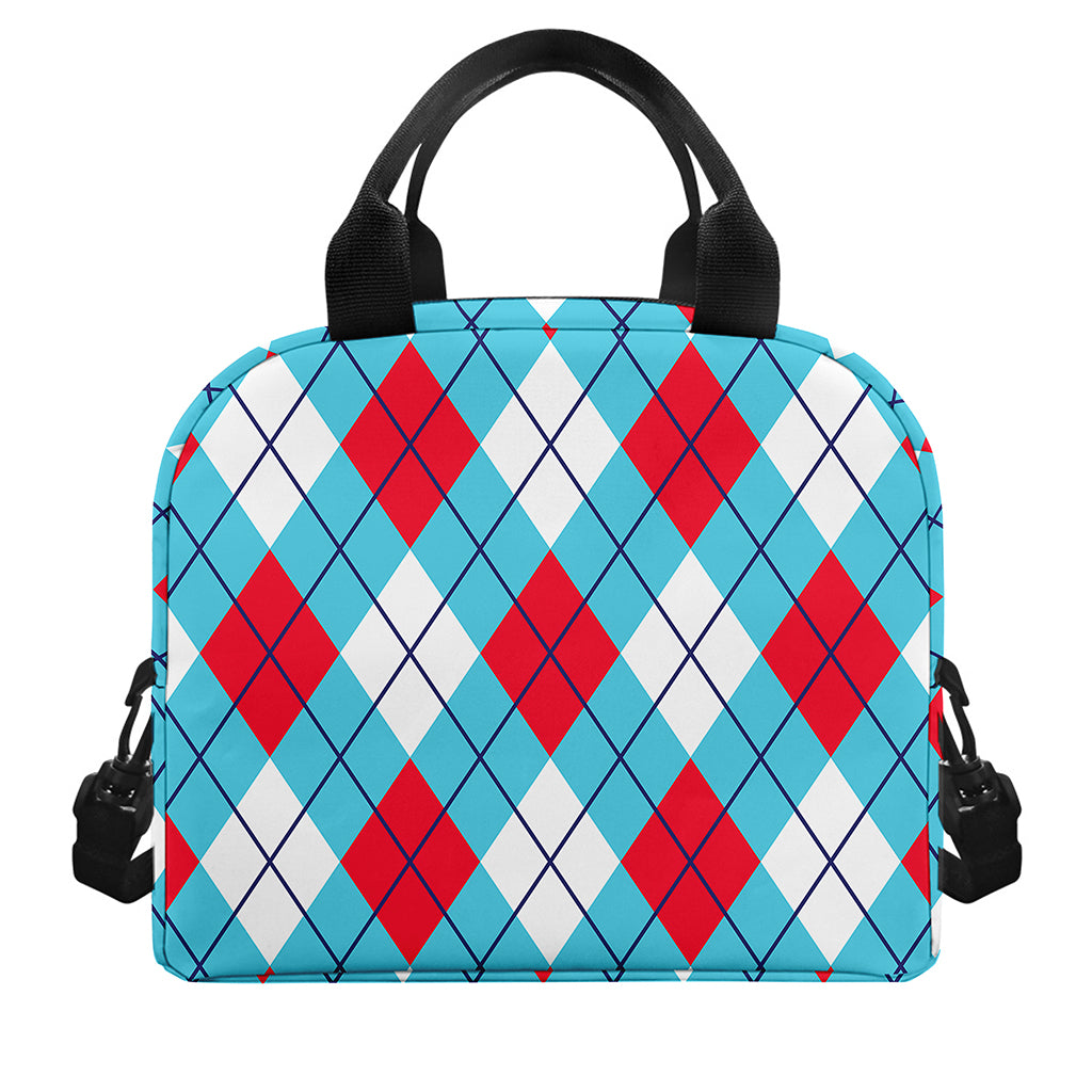Red Blue And White Argyle Pattern Print Insulated Lunch Bag