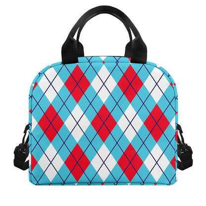 Red Blue And White Argyle Pattern Print Insulated Lunch Bag