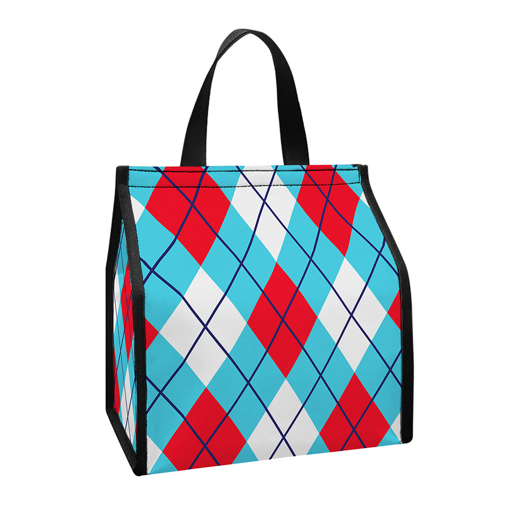 Red Blue And White Argyle Pattern Print Insulated Lunch Tote
