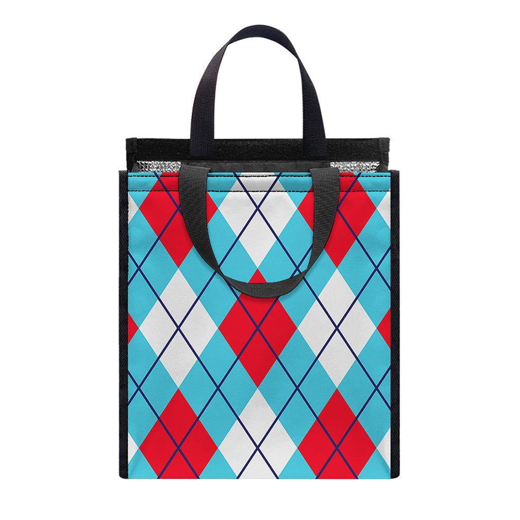 Red Blue And White Argyle Pattern Print Insulated Lunch Tote