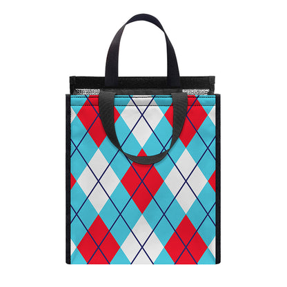 Red Blue And White Argyle Pattern Print Insulated Lunch Tote