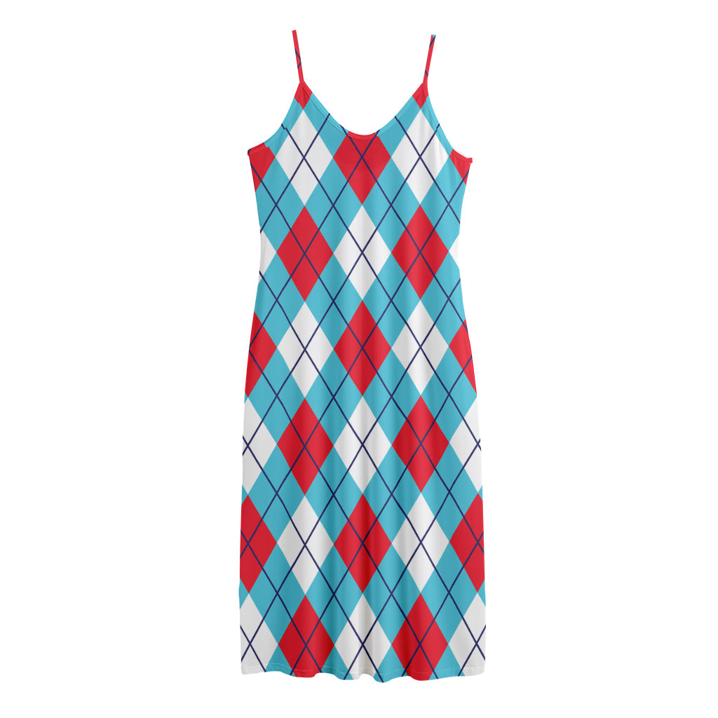 Red Blue And White Argyle Pattern Print Jersey Midi Cami Dress