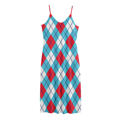 Red Blue And White Argyle Pattern Print Jersey Midi Cami Dress