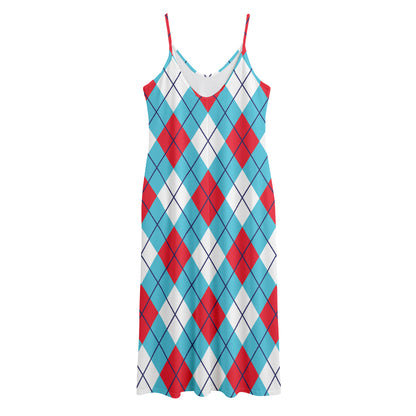 Red Blue And White Argyle Pattern Print Jersey Midi Cami Dress