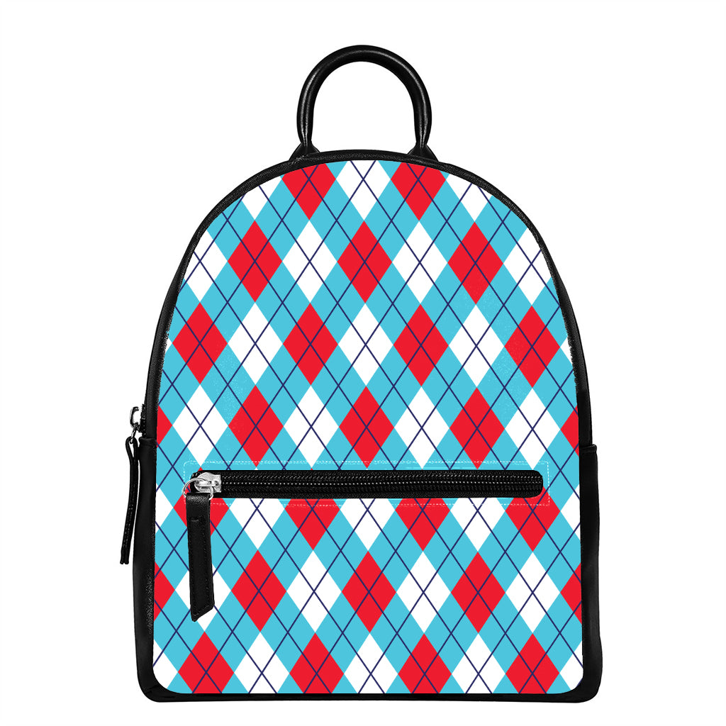Red Blue And White Argyle Pattern Print Leather Backpack