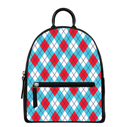Red Blue And White Argyle Pattern Print Leather Backpack