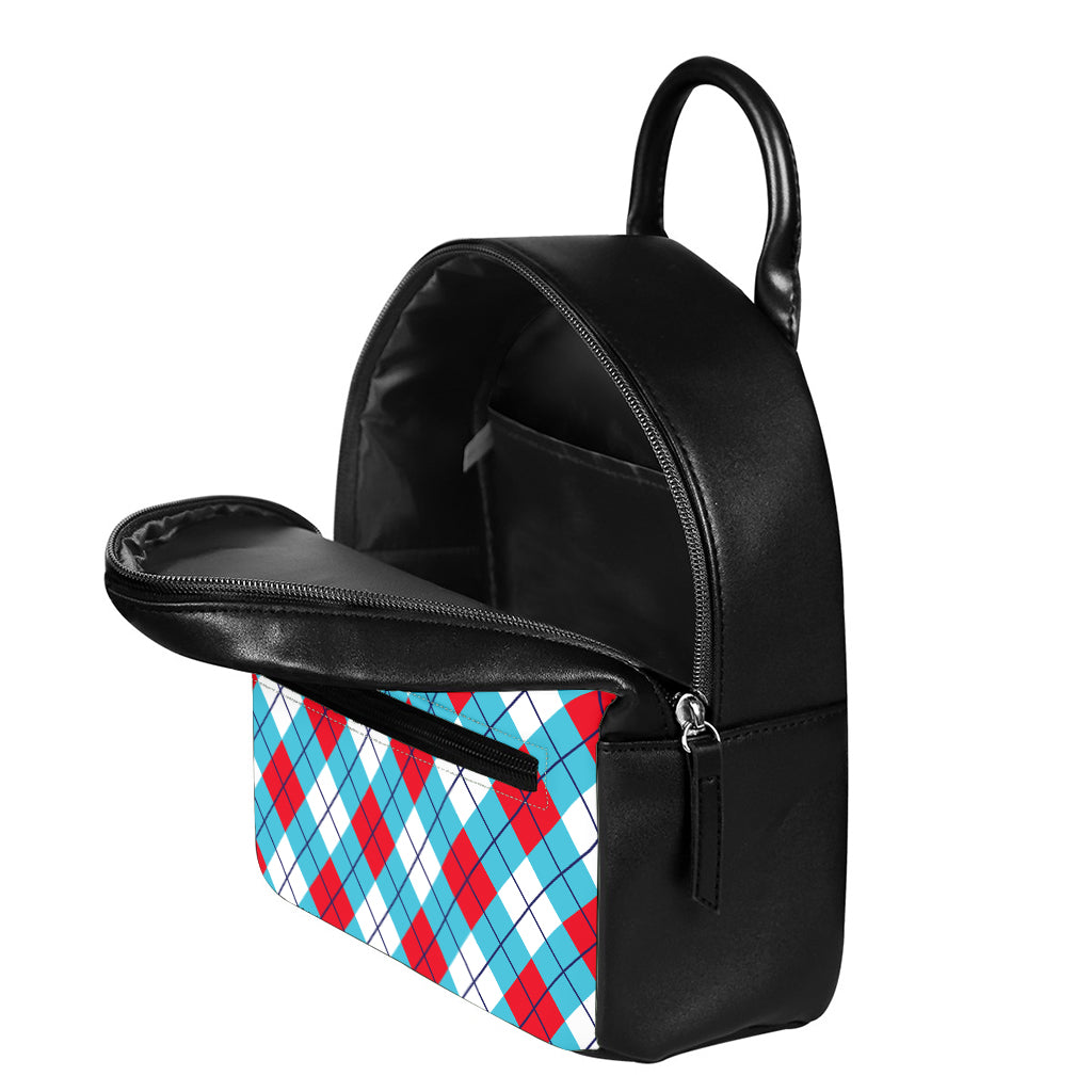 Red Blue And White Argyle Pattern Print Leather Backpack