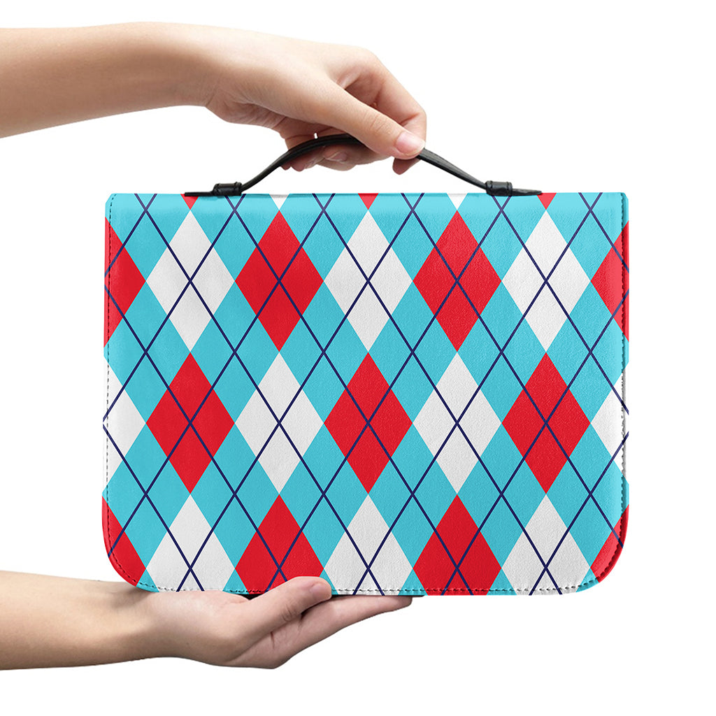 Red Blue And White Argyle Pattern Print Leather Bible Cover
