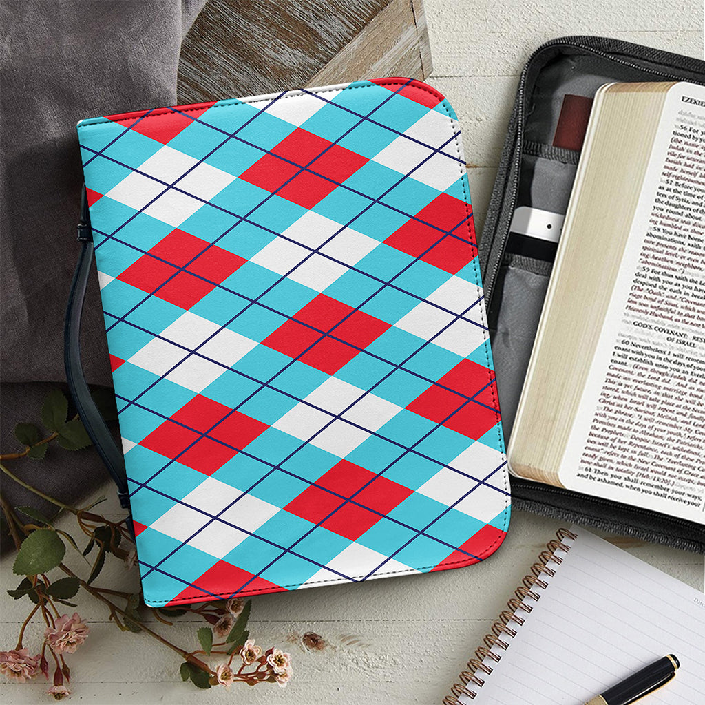 Red Blue And White Argyle Pattern Print Leather Bible Cover
