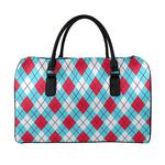 Red Blue And White Argyle Pattern Print Leather Duffle Bag
