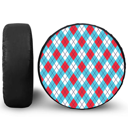 Red Blue And White Argyle Pattern Print Leather Spare Tire Cover