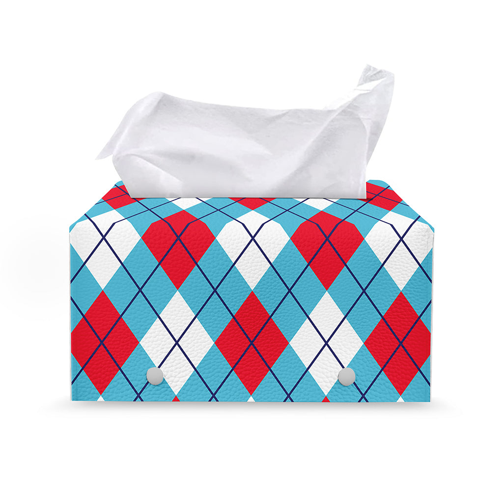 Red Blue And White Argyle Pattern Print Leather Tissue Box Cover