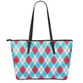 Red Blue And White Argyle Pattern Print Leather Tote Bag With Zipper