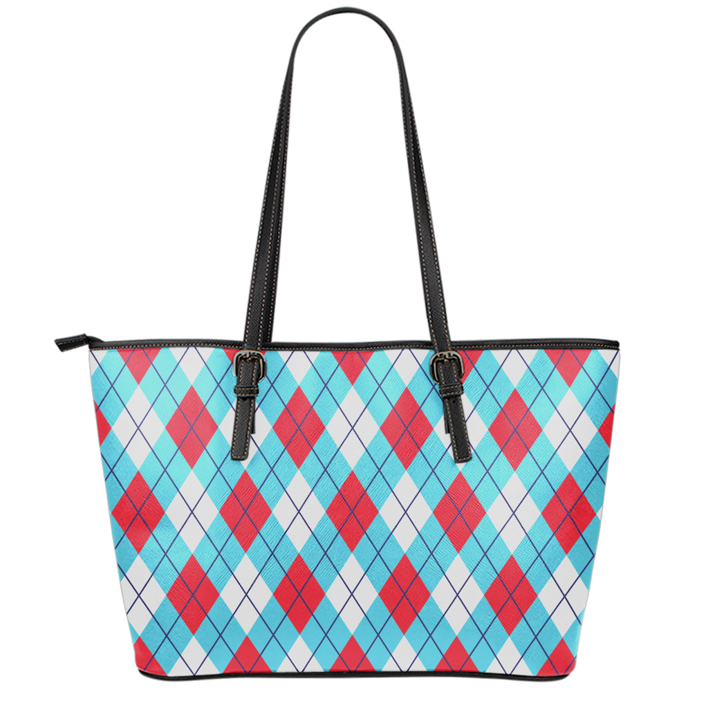 Red Blue And White Argyle Pattern Print Leather Tote Bag