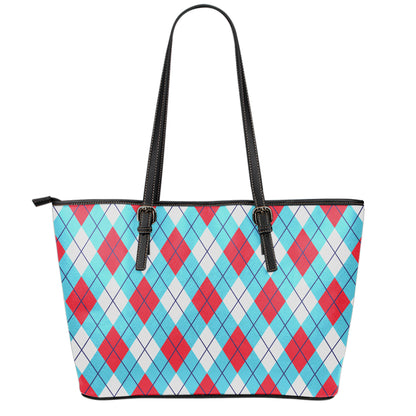 Red Blue And White Argyle Pattern Print Leather Tote Bag