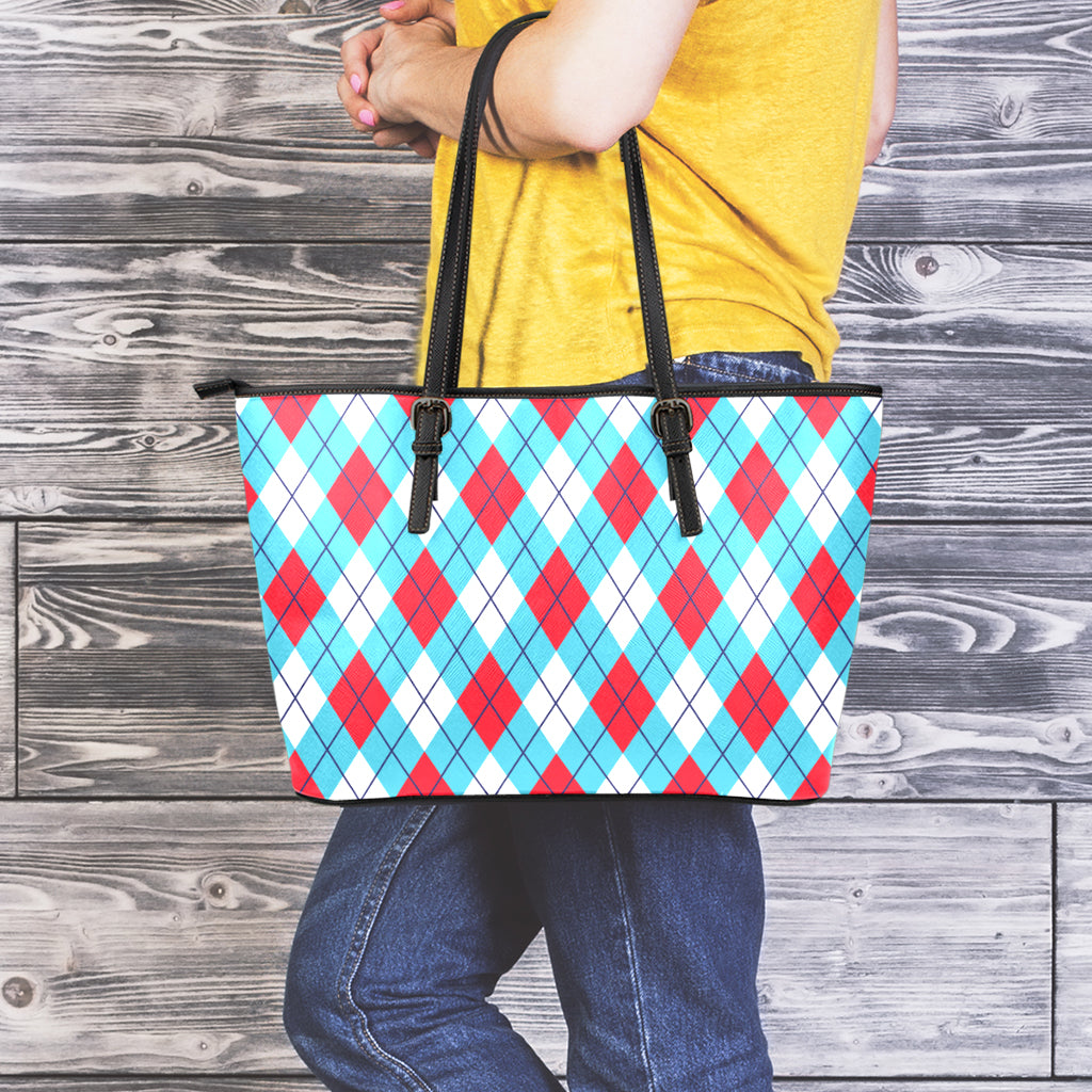 Red Blue And White Argyle Pattern Print Leather Tote Bag