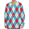 Red Blue And White Argyle Pattern Print Long Sleeve Baseball Jersey