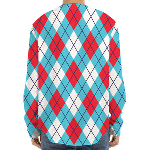 Red Blue And White Argyle Pattern Print Long Sleeve Baseball Jersey