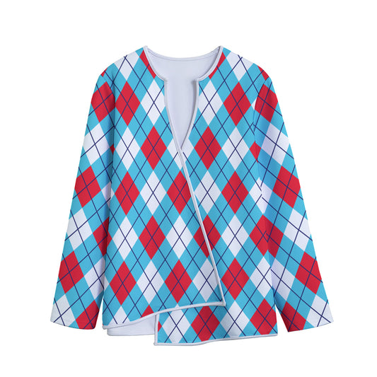 Red Blue And White Argyle Pattern Print Long Sleeve Short Coat