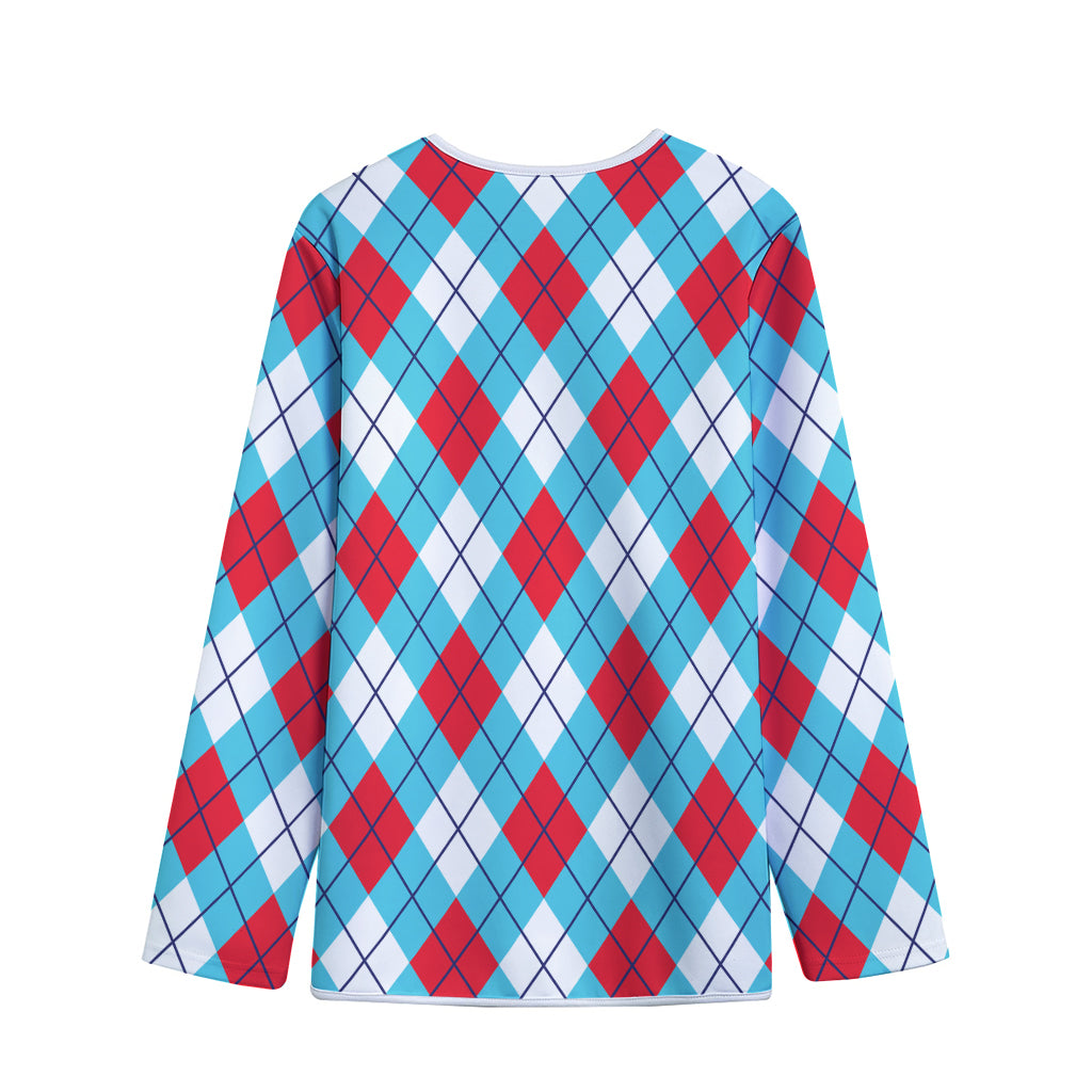 Red Blue And White Argyle Pattern Print Long Sleeve Short Coat