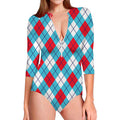 Red Blue And White Argyle Pattern Print Long Sleeve Swimsuit