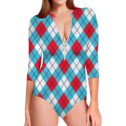 Red Blue And White Argyle Pattern Print Long Sleeve Swimsuit