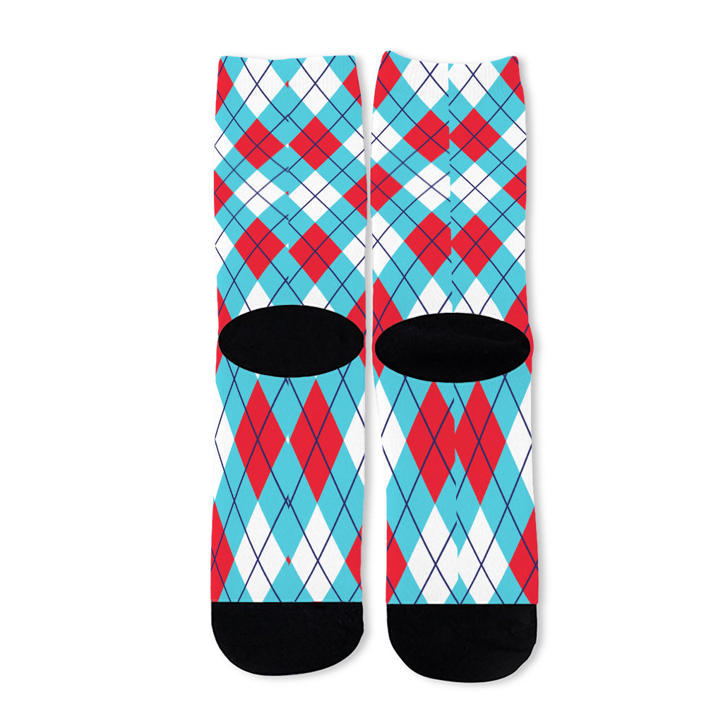 Red Blue And White Argyle Pattern Print Long Socks