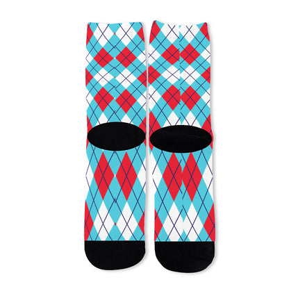 Red Blue And White Argyle Pattern Print Long Socks