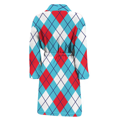 Red Blue And White Argyle Pattern Print Men's Bathrobe