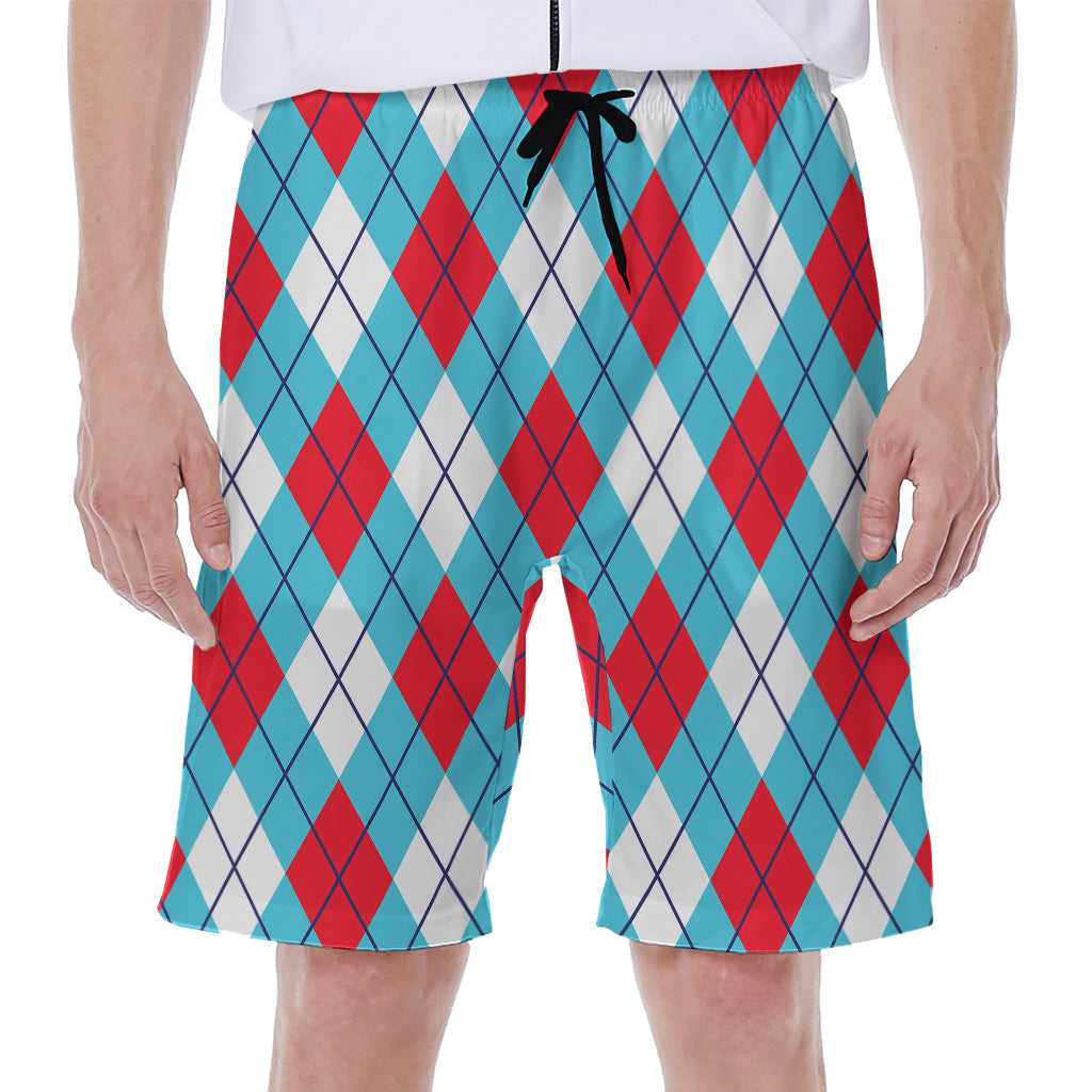 Red Blue And White Argyle Pattern Print Men's Beach Shorts