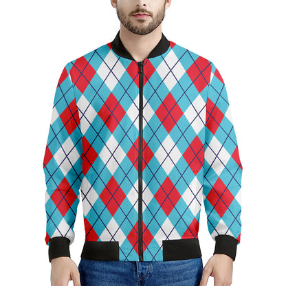 Red Blue And White Argyle Pattern Print Men's Bomber Jacket