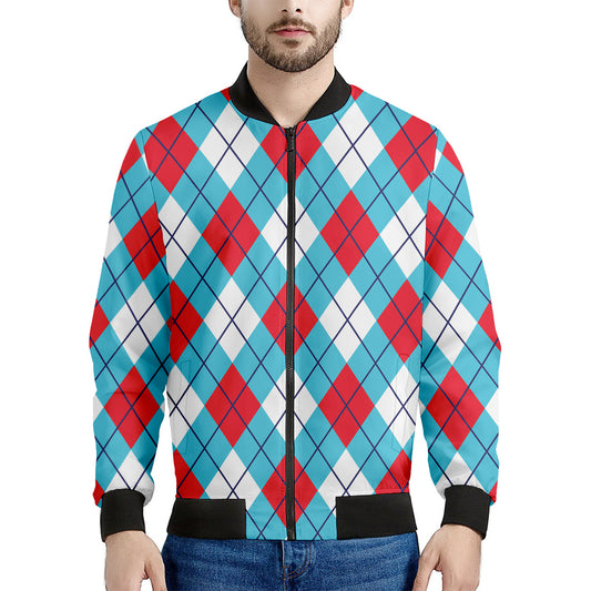 Red Blue And White Argyle Pattern Print Men's Bomber Jacket