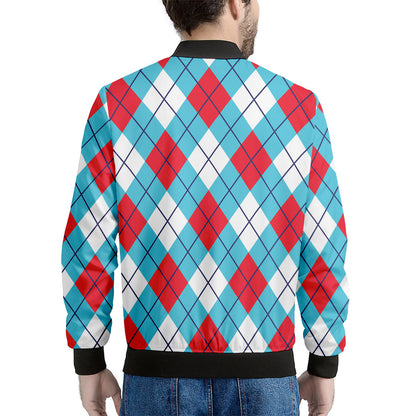 Red Blue And White Argyle Pattern Print Men's Bomber Jacket