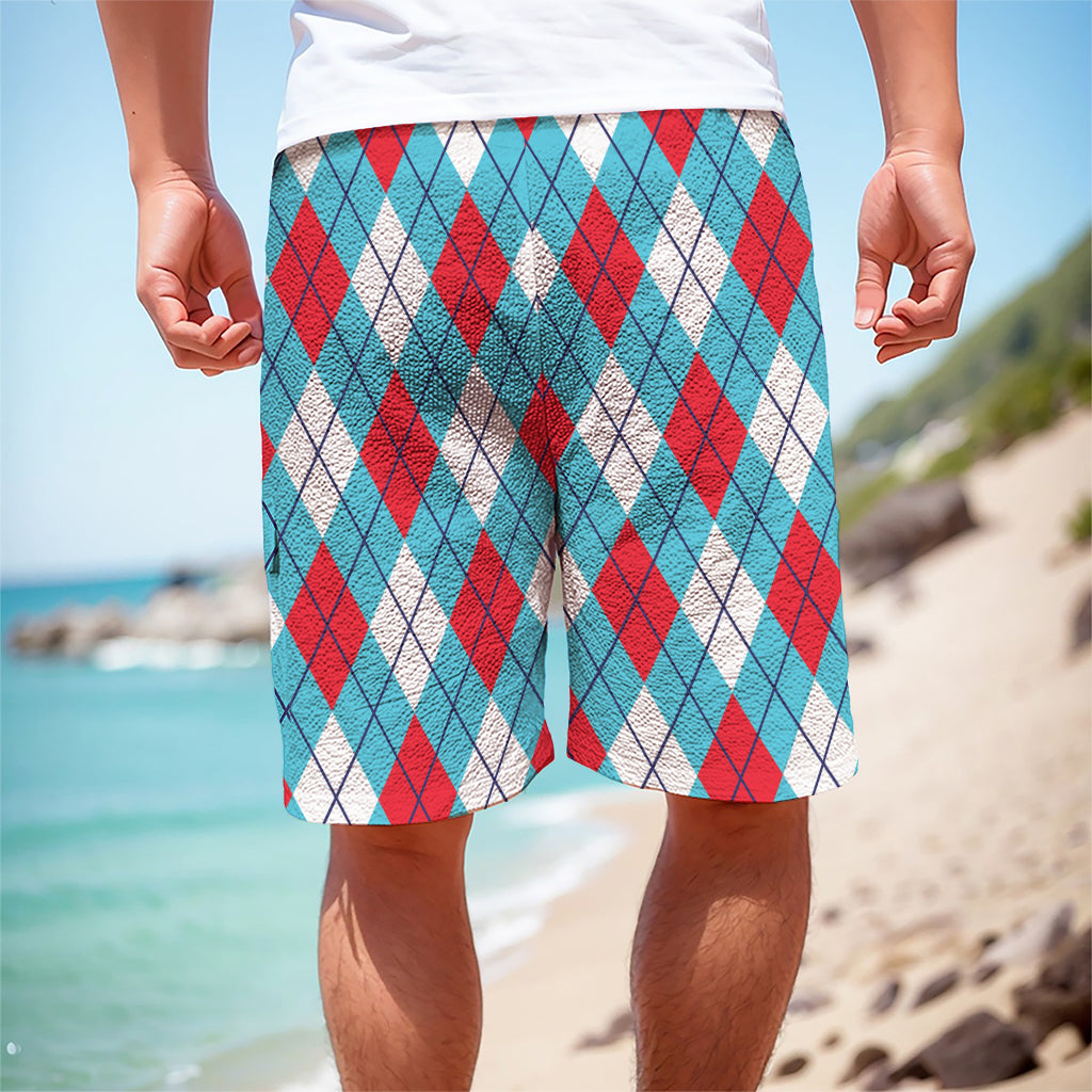 Red Blue And White Argyle Pattern Print Men's Cargo Shorts