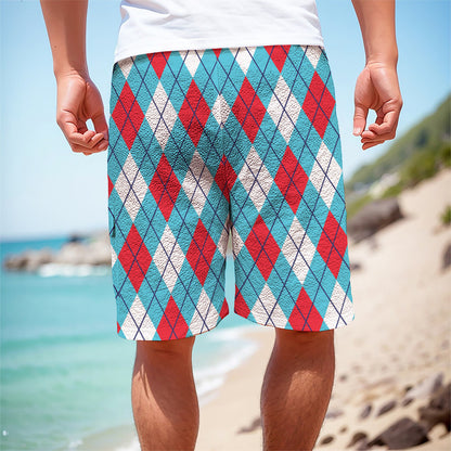 Red Blue And White Argyle Pattern Print Men's Cargo Shorts