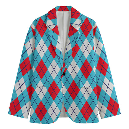 Red Blue And White Argyle Pattern Print Men's Cotton Blazer