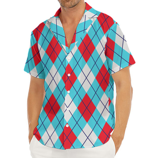 Red Blue And White Argyle Pattern Print Men's Deep V-Neck Shirt
