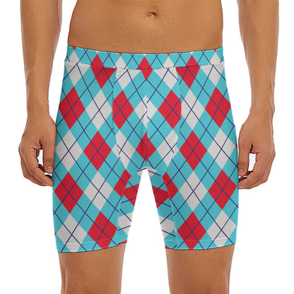 Red Blue And White Argyle Pattern Print Men's Long Boxer Briefs