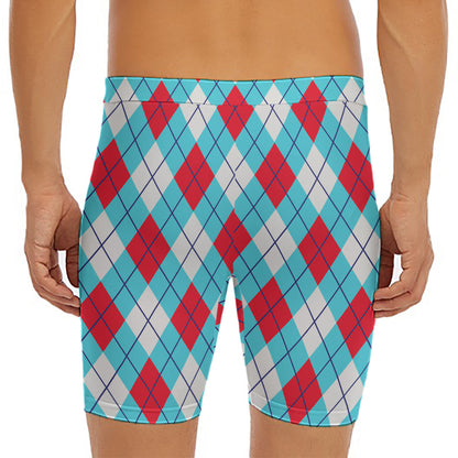 Red Blue And White Argyle Pattern Print Men's Long Boxer Briefs